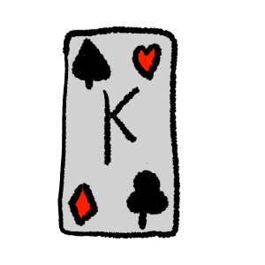 black outlines, a card with a black spade in the top left corner, red heart in the top right, red diamond in the bottom left, black club in the bottom right and a black K in the middle